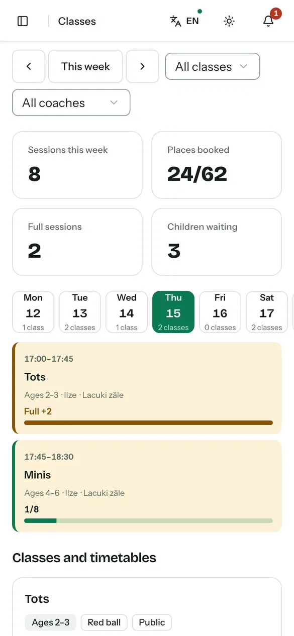 A training club's classes on a phone