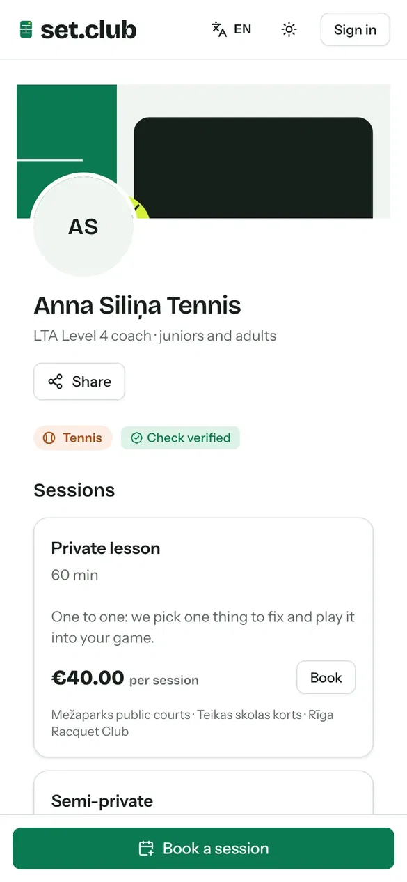 A coach's public booking page
