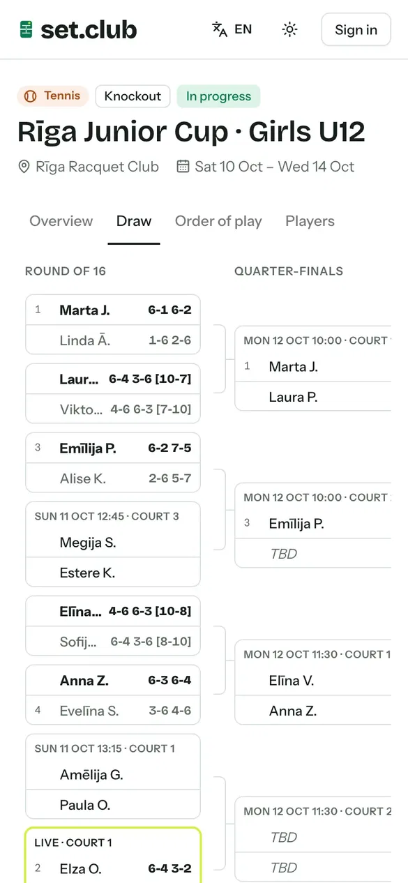 A tournament's draw on a phone