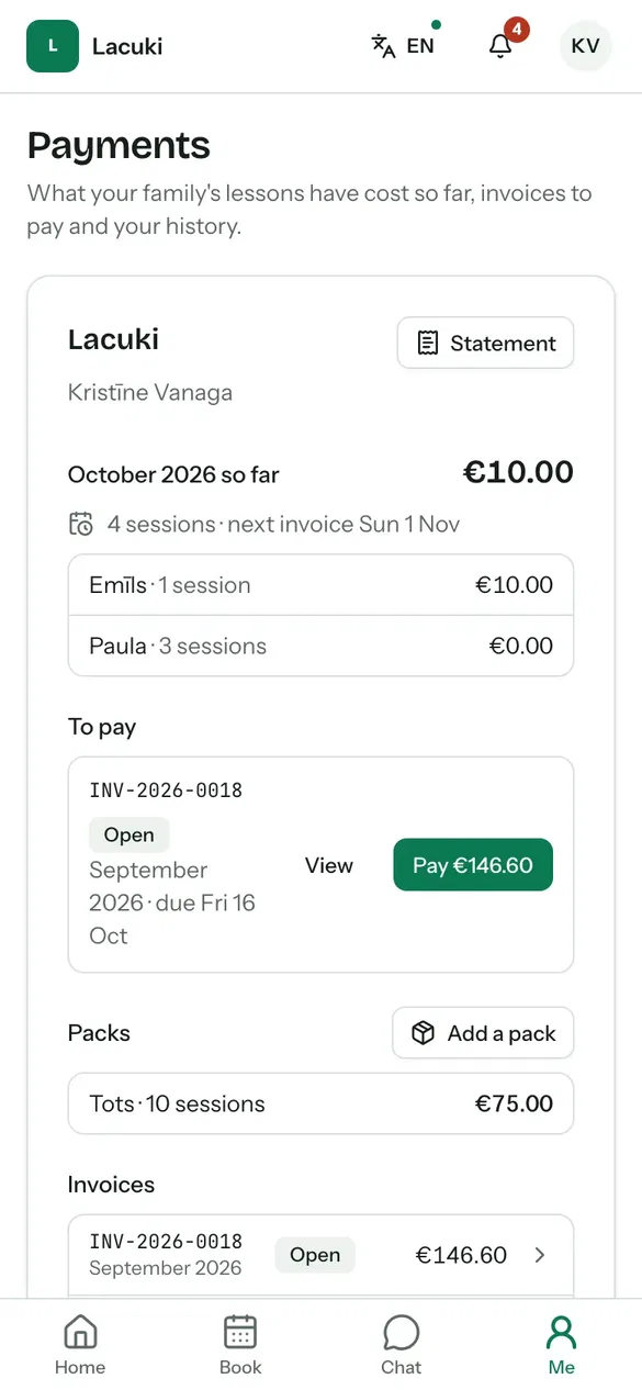 Family invoices and payment statement on a phone