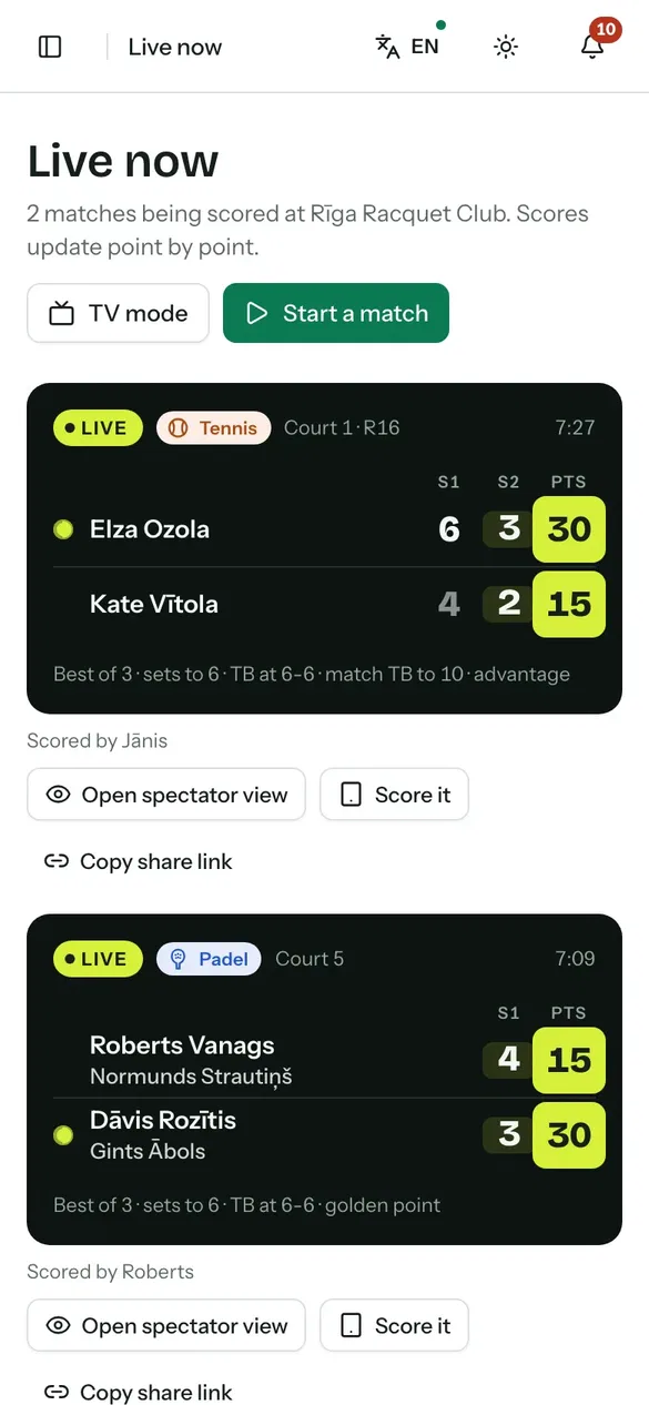 Live scores for two club matches