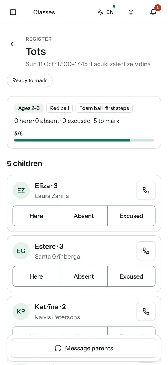 A class register showing each child's attendance