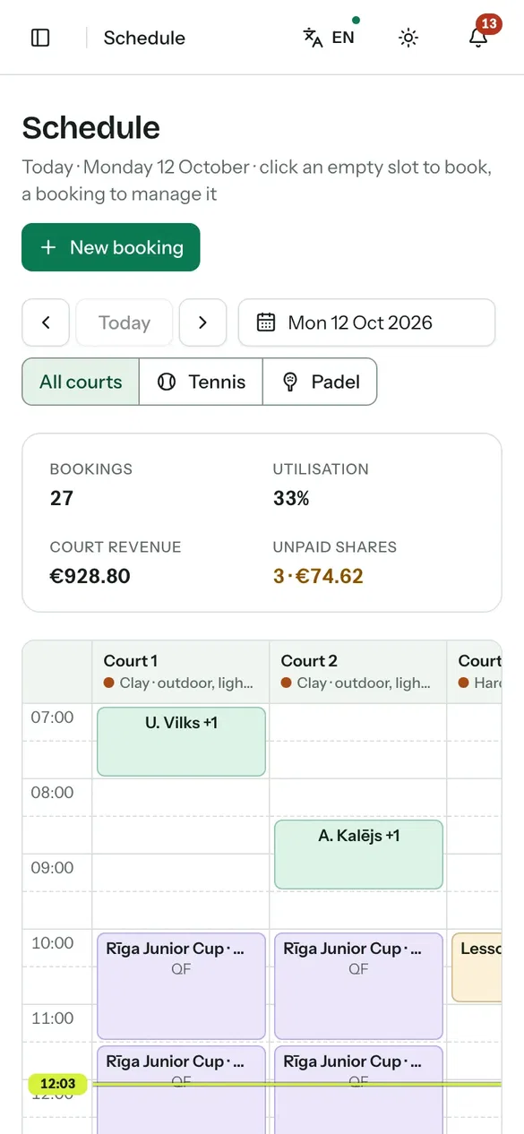 A club's schedule of courts on a phone