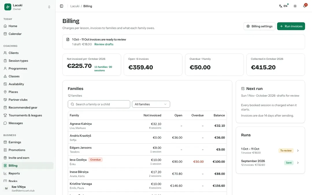 A training club's charges and invoices