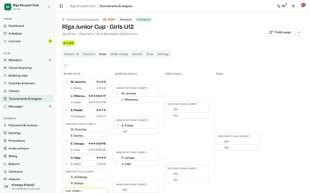 A tournament dashboard showing the draw