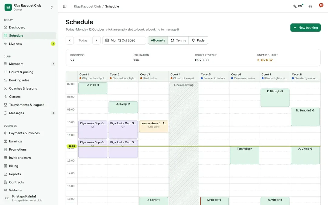 The club's schedule with every court and its bookings