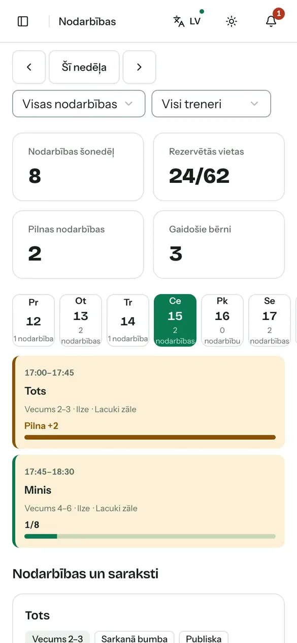 Treniņu kluba nodarbības telefonā
