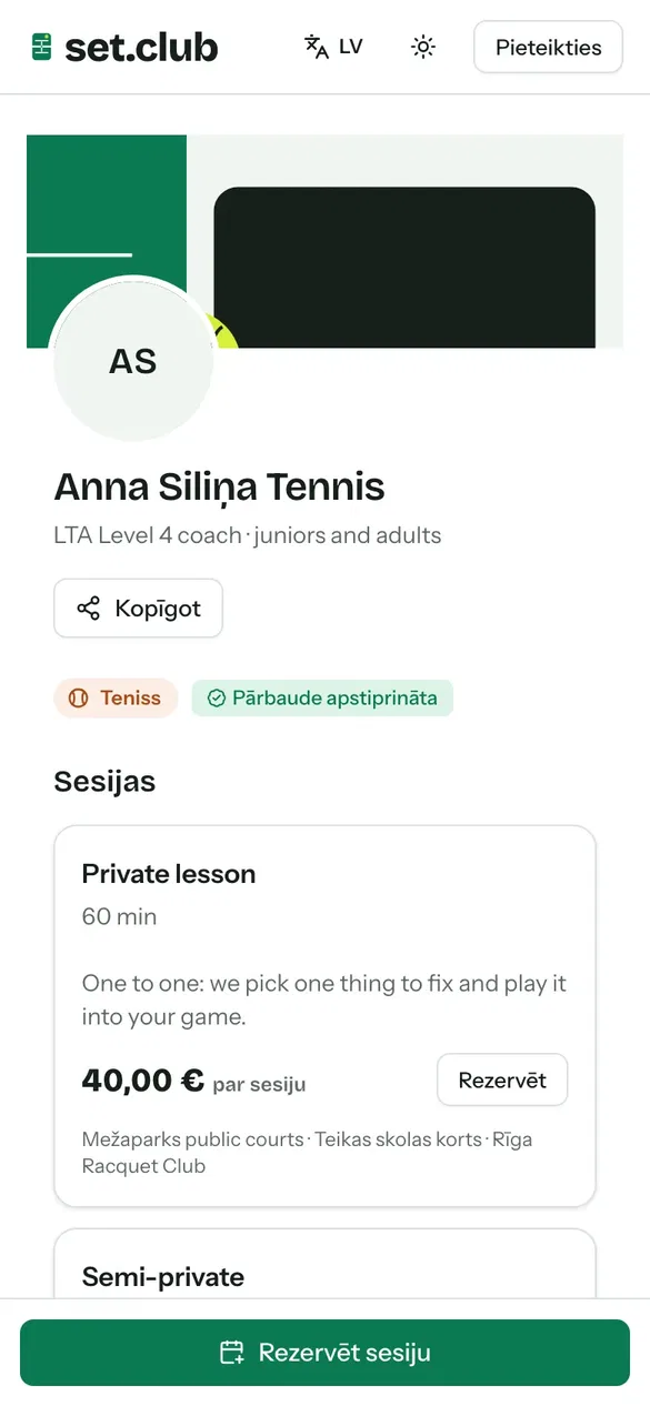 Trenera publiskā rezervāciju lapa