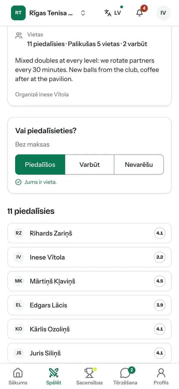 Pasākuma dalībnieku pieteikumi tālrunī