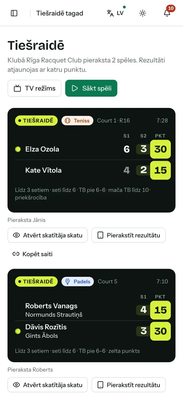Divu spēļu rezultāti reāllaikā
