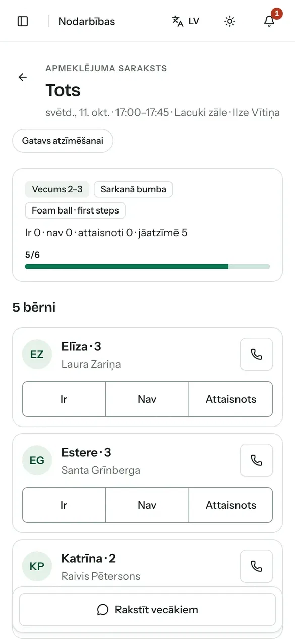 Nodarbības apmeklējuma saraksts ar bērnu dalības statusiem
